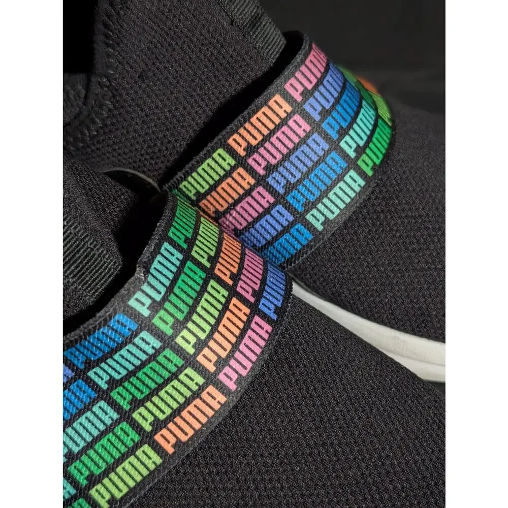 Puma Softride Slip On Sneakers Youth Size 4 Black Rainbow Logo Athletic Shoes